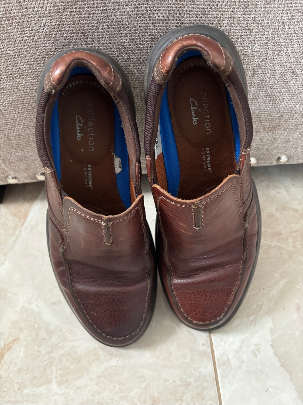 Clarks Men’s Brown Leather Slip-On Loafers with Blue Insole Accents